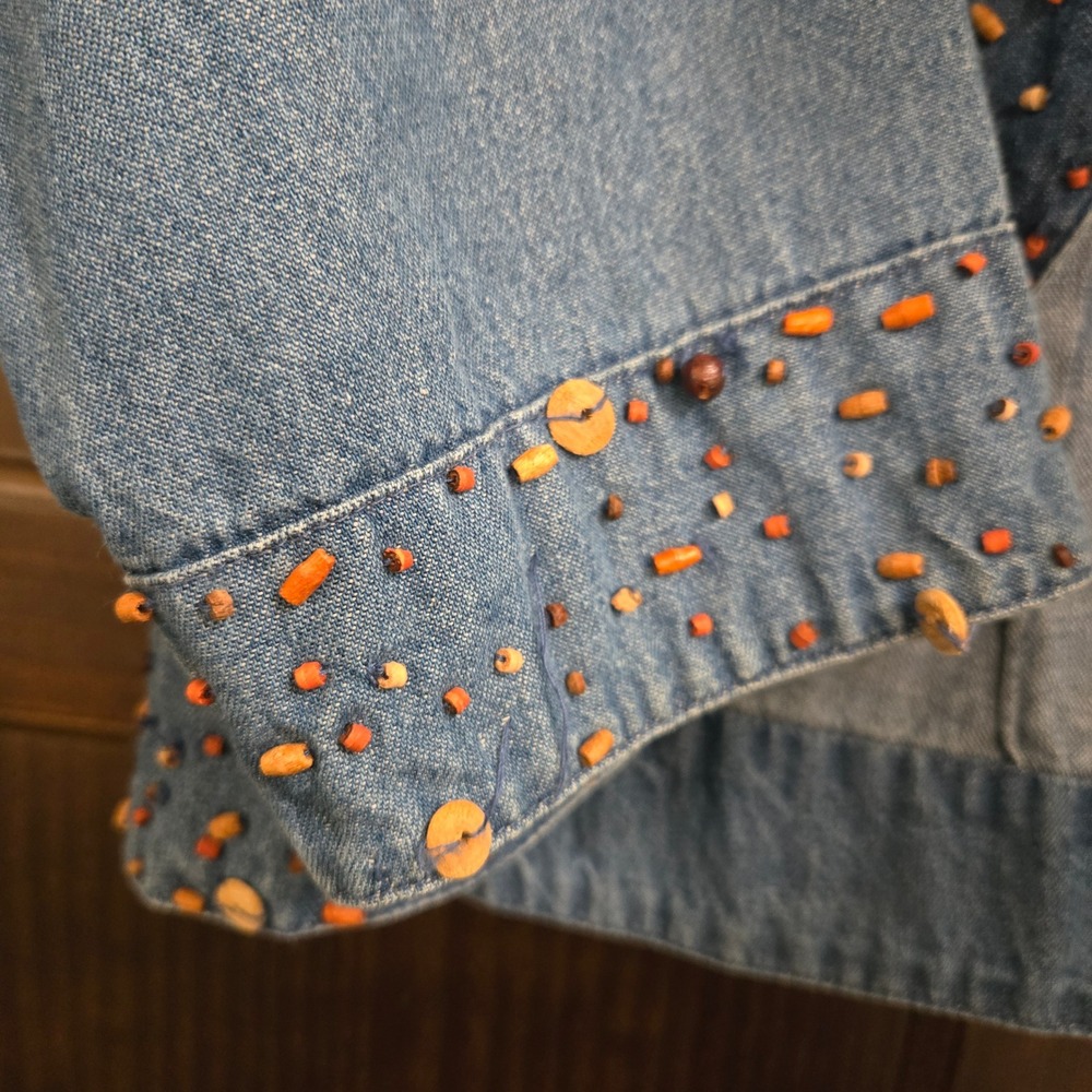 Keren Hart Blue Denim Beaded Skirt Set Jacket L Skirt M Boho Western Tiered Maxi - Picture 10 of 16